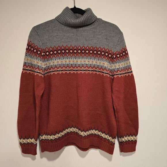 Vintage 90s Fair Isle Nordic Turtleneck Sweater Knit XL Womens Wool Blend Red - Picture 1 of 7